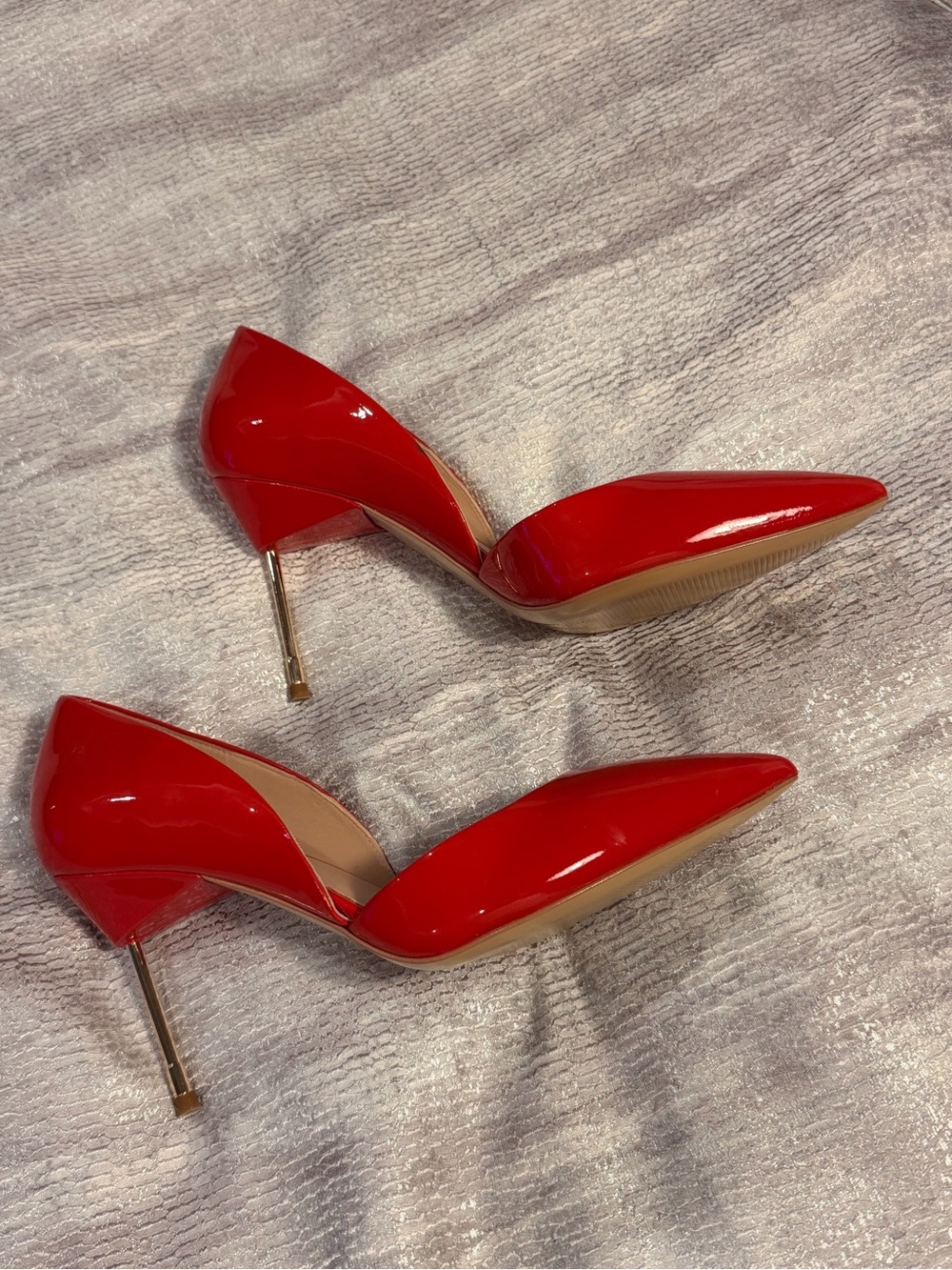 Kurt Geiger Red Patent Pointed Toe Stiletto Pumps with Gold Heel